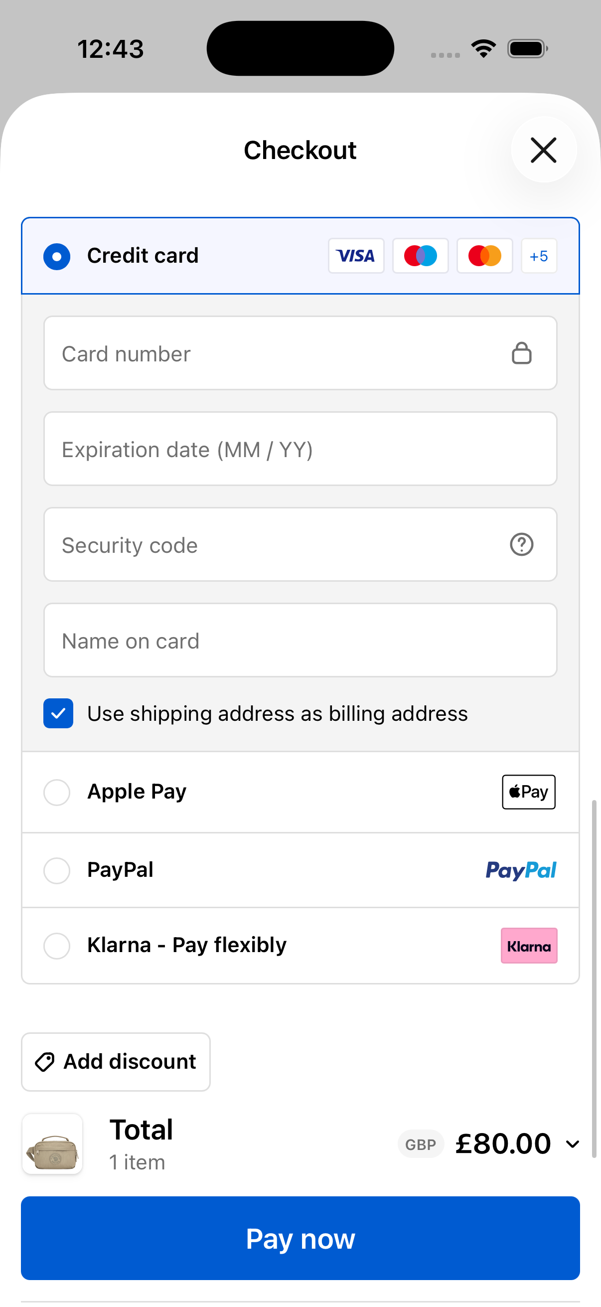 Native Shopify checkout sheet inside the Parasol Shopify mobile app.
