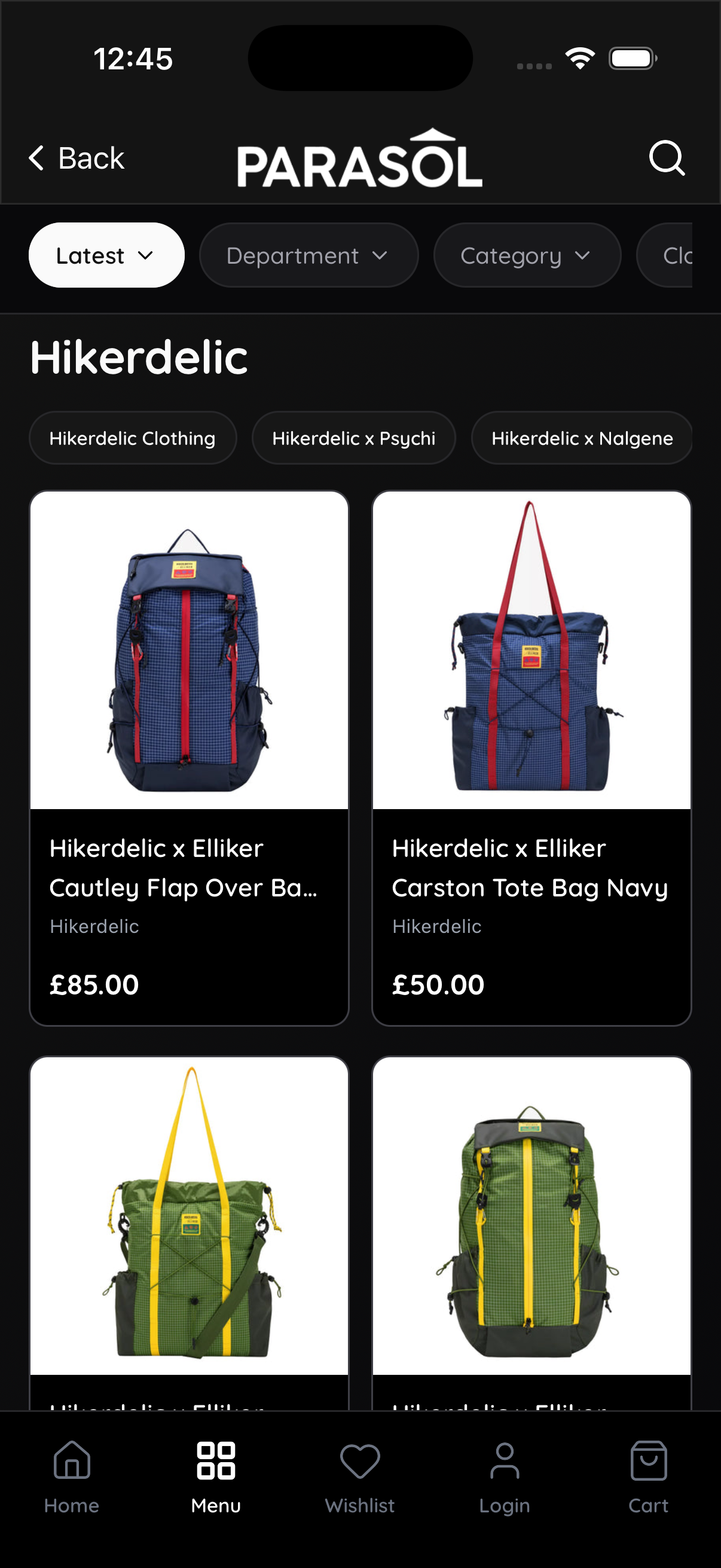 Dark mode collection browsing experience inside the Parasol Shopify mobile app.