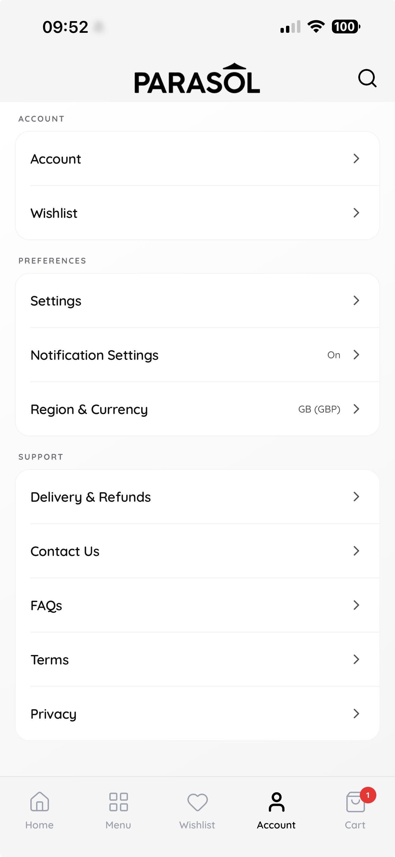 Parasol Shopify mobile app account area with settings, notification preferences, and support links.