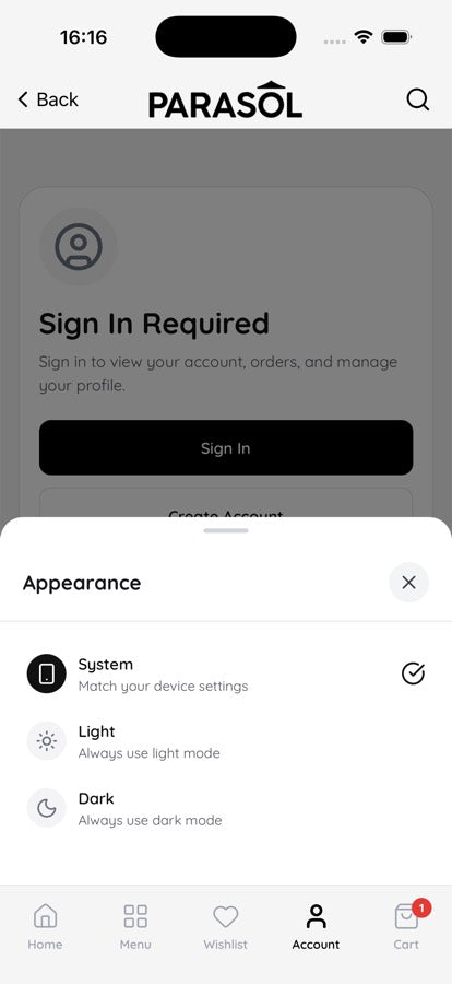 Dark mode product browsing experience inside the Parasol Shopify mobile app.