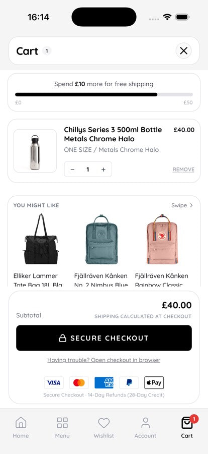 Cart and checkout sheet flow inside the Parasol Shopify mobile app.