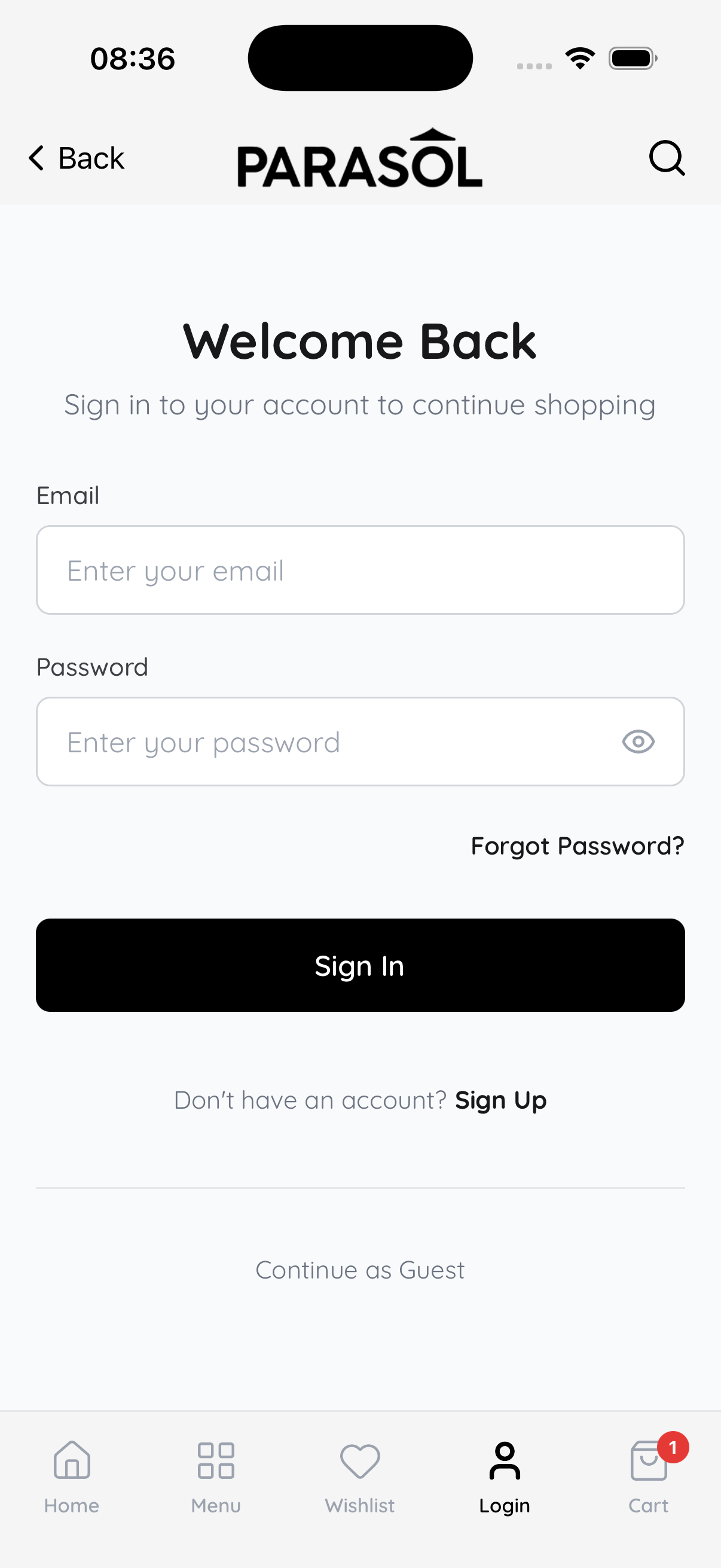 Parasol Shopify mobile app login screen with email and password fields.