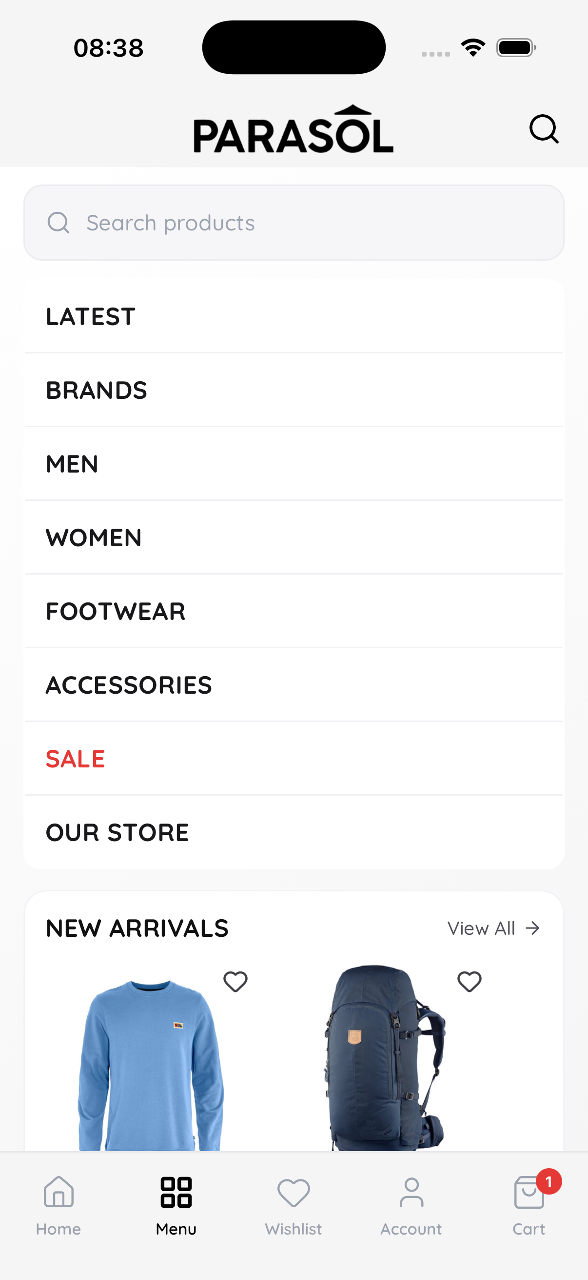 Parasol Shopify mobile app menu preview with browse categories and search entry point.