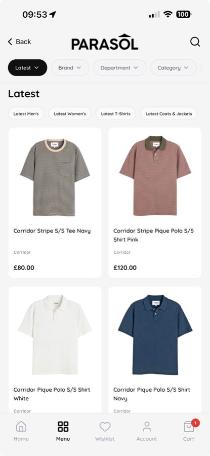 Predictive search results screen with live product matches inside the Parasol Shopify mobile app.