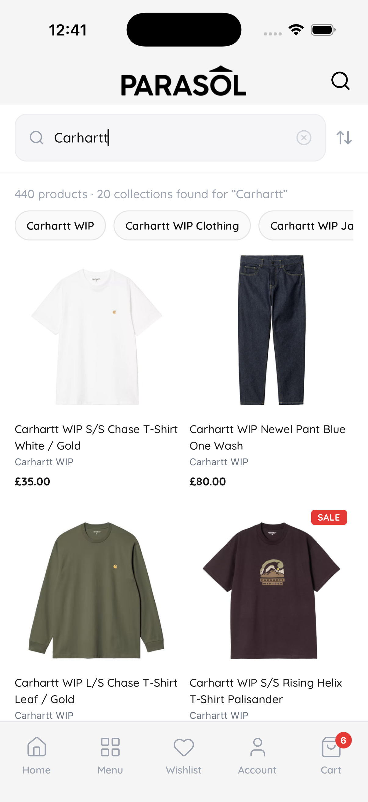 Predictive search results screen with live product matches inside the Parasol Shopify mobile app.