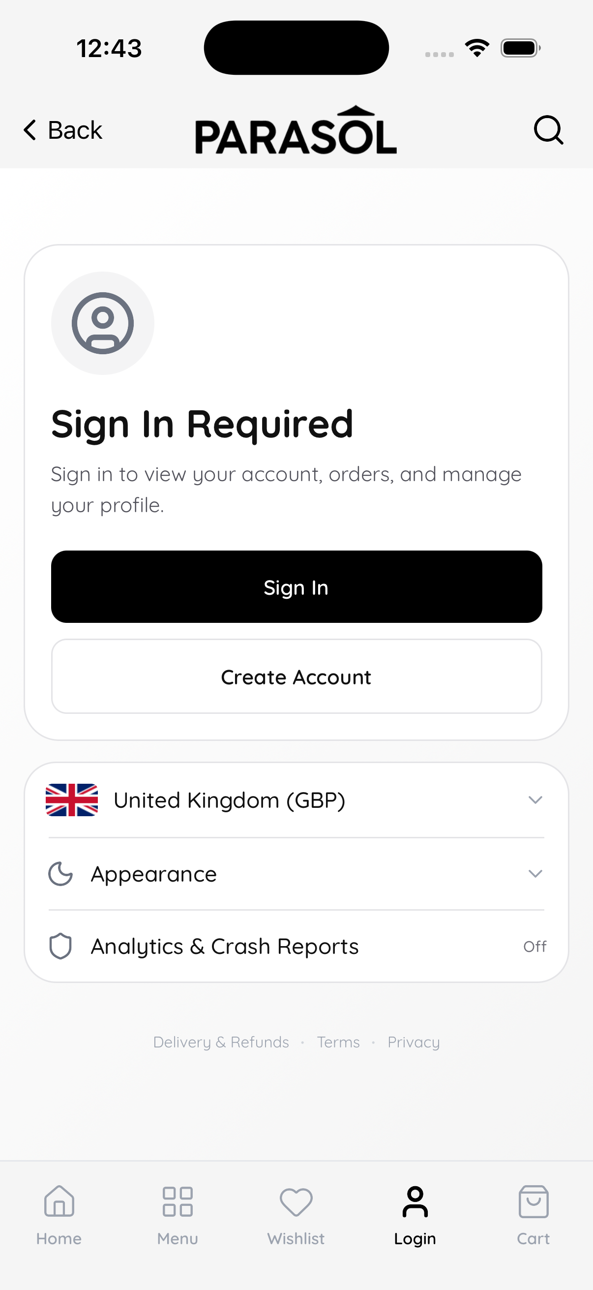 Sign-in and account entry for the Parasol Shopify mobile app.